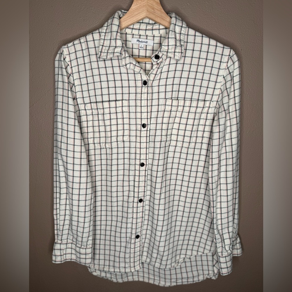 Madewell Women's Ivory Plaid Flannel Button-Down Shirt Size Small Checkered Fall